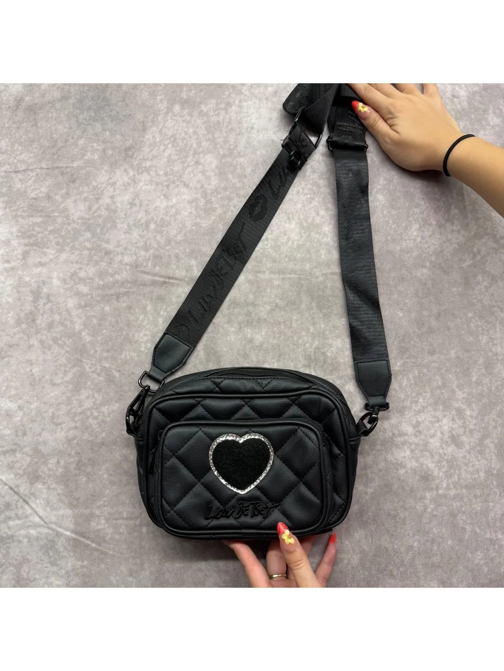 Luv Betsey Black Quilted Sherpa Heart Camera Bag Crossbody Purse